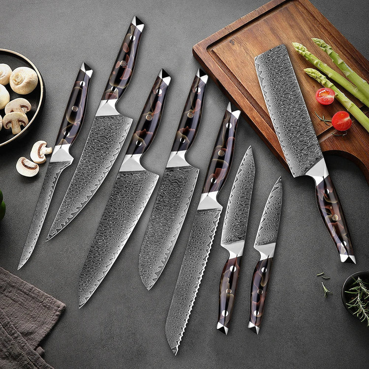 Premium artisan knife set with patterned blades and dark handles, Fansee Australia kitchenware