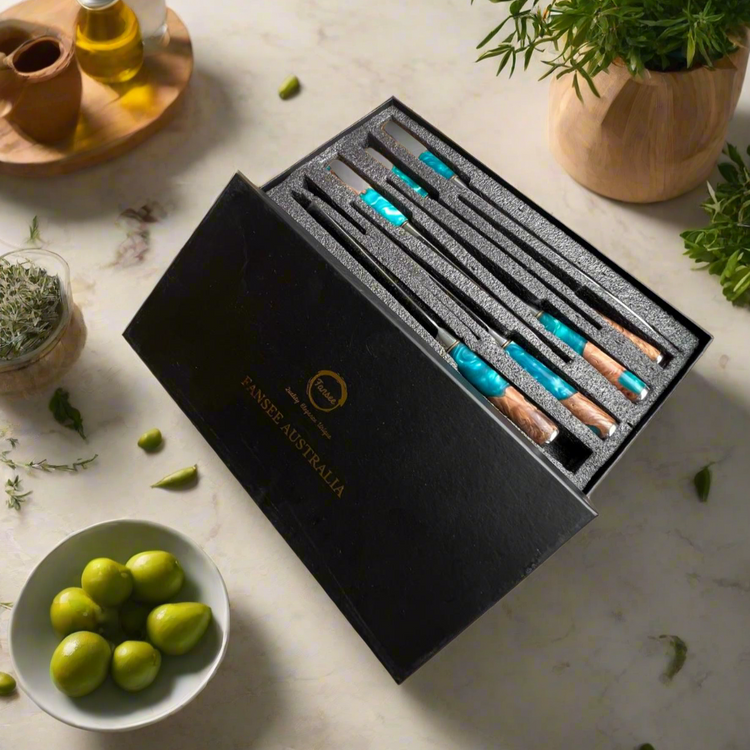 Fansee Australia premium knife set with blue handles in gift box on kitchen counter