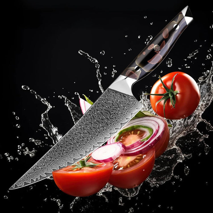 Premium Damascus kitchen knife slicing tomatoes and onions with water splash, Fansee Australia