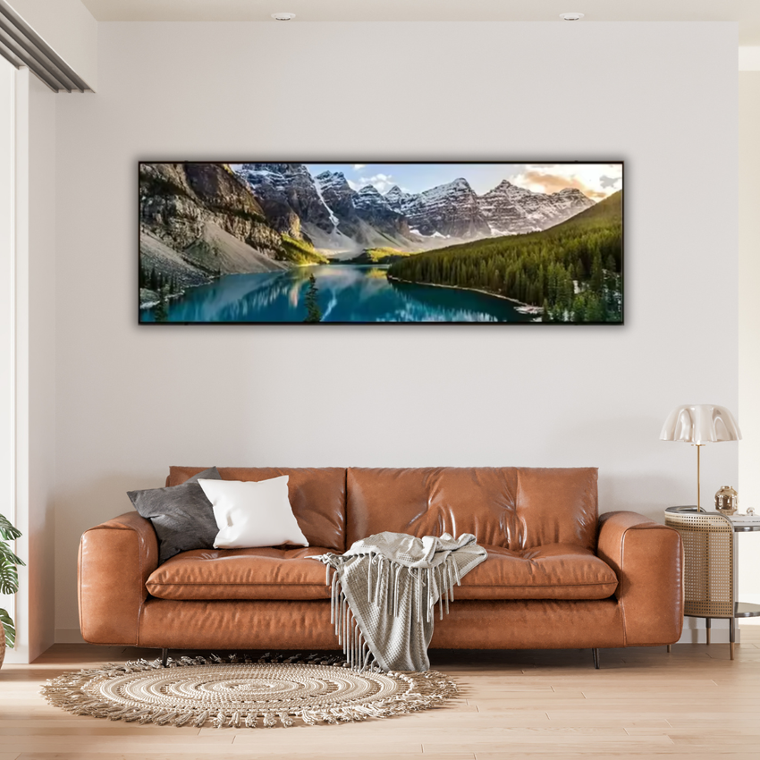 Panoramic Mountain Lake Framed Canvas Print – Alpine Landscape Wall Art for Living Room or Office