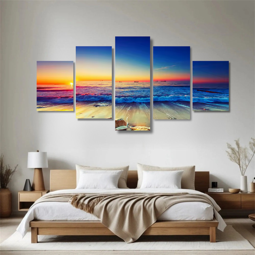 5-Piece Framed Sunset Beach Canvas Wall Art Set – Ocean Horizon Print for Bedroom or Living Room
