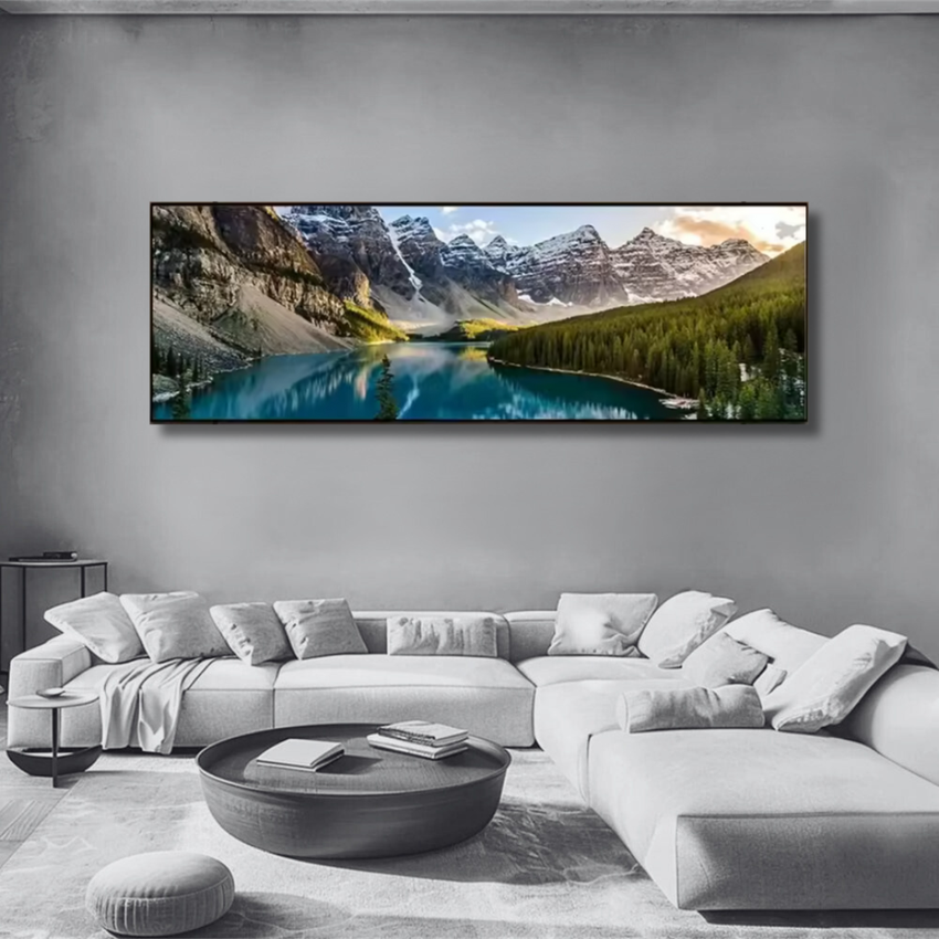 Panoramic Mountain Lake Framed Canvas Print – Alpine Landscape Wall Art for Living Room or Office