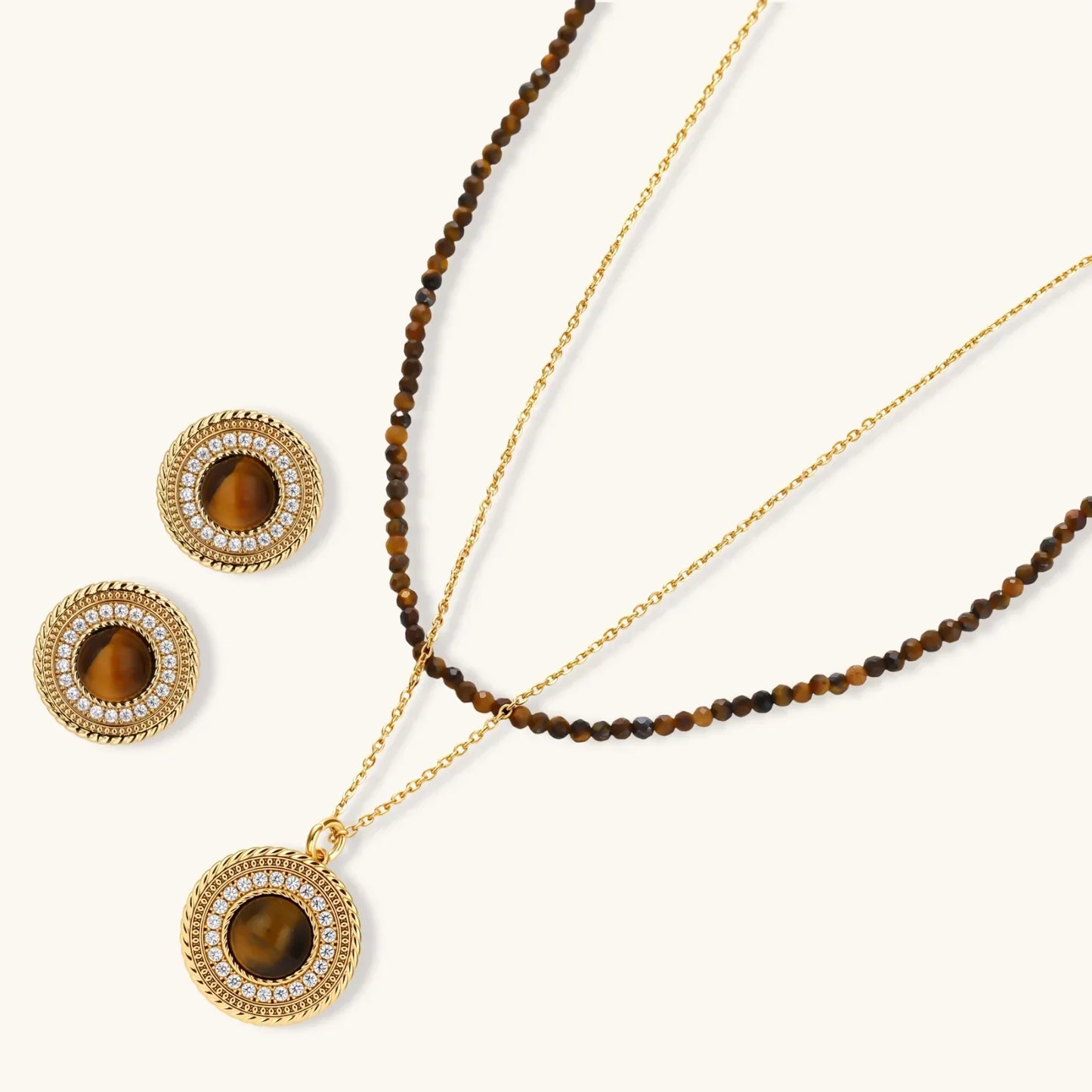Gold tiger eye pendant necklace & earrings set with crystal accents, boho chic jewelry for women