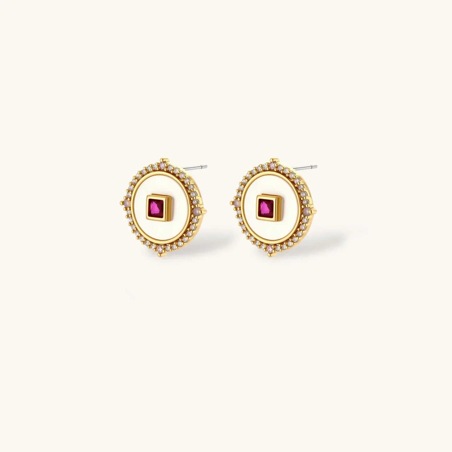 Gold stud earrings with pink gemstone center and crystal halo, elegant jewelry for women