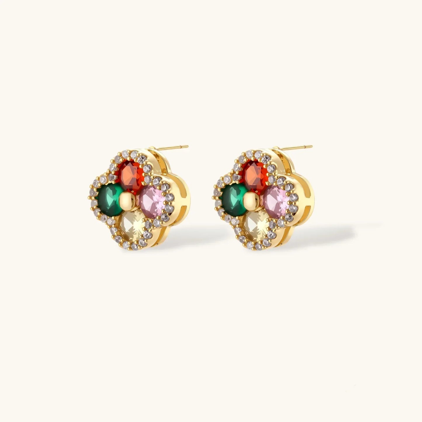 Gold flower stud earrings with multicolour gemstones and crystal accents, perfect for elegant gifting.