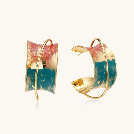 Gold hoop earrings with pink and teal brushstroke enamel, modern artisan jewelry for stylish home decor