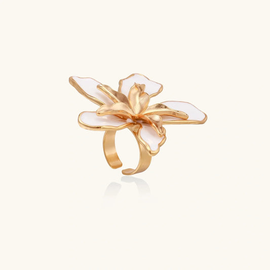 Gold flower ring with white enamel petals, elegant statement jewelry for home décor styling