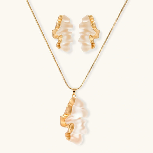 Elegant gold-tone necklace and matching earrings with ruffled pearl-like pendants, perfect for stylish home décor gifting.