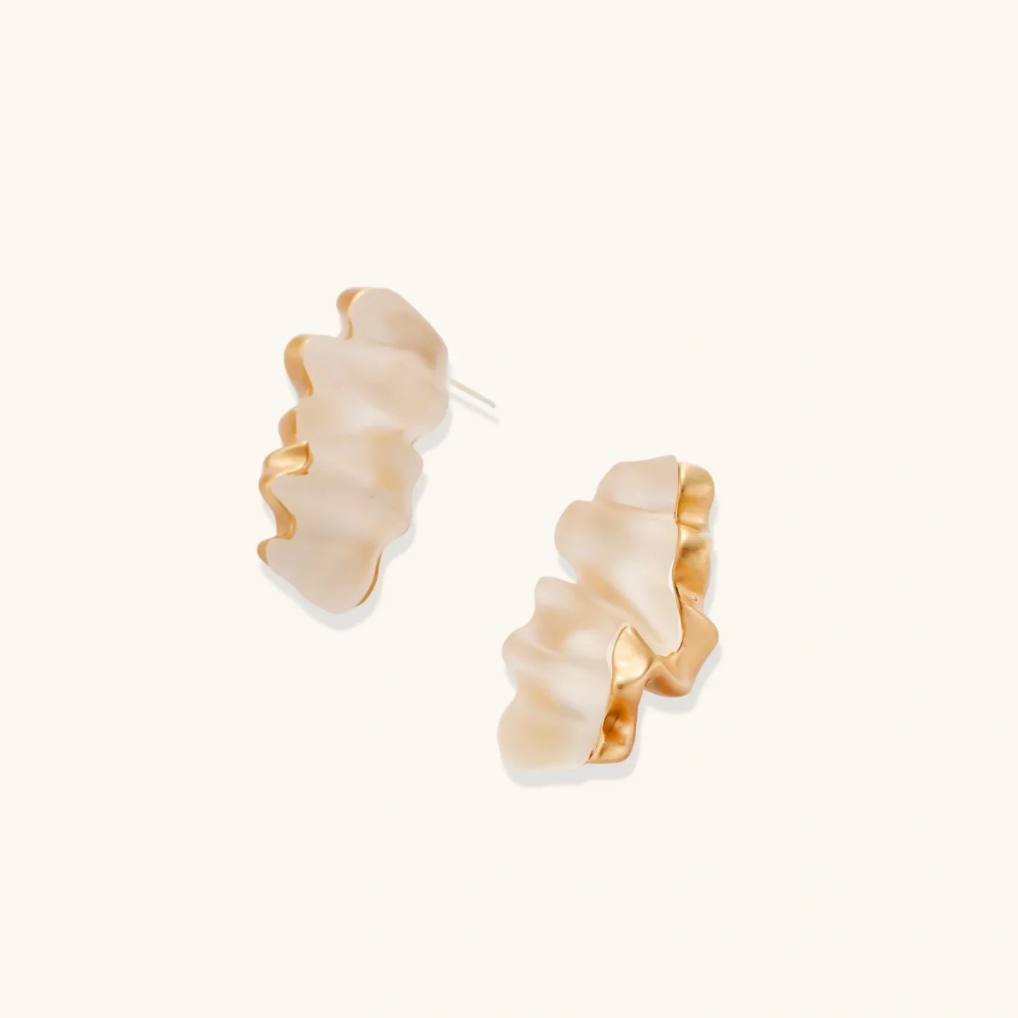 Elegant gold-toned ruffled earrings with soft cream finish, modern statement jewelry for stylish home décor lovers