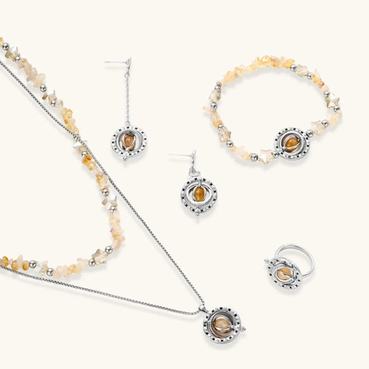 Elegant gemstone jewelry set with silver-toned pendant, earrings, bracelet, and ring featuring amber stones