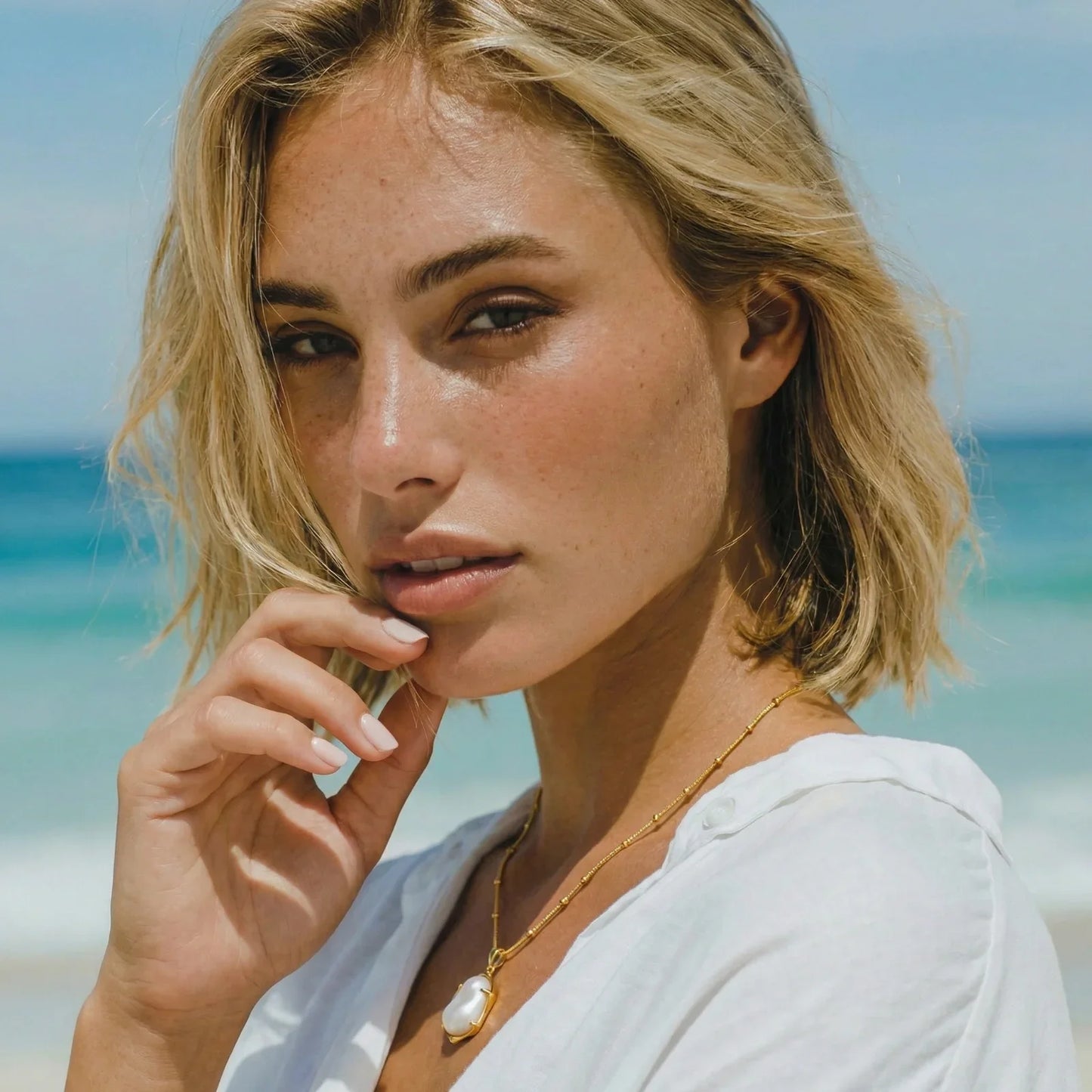Woman wearing gold chain necklace with pearl pendant at beach, styled for coastal home décor
