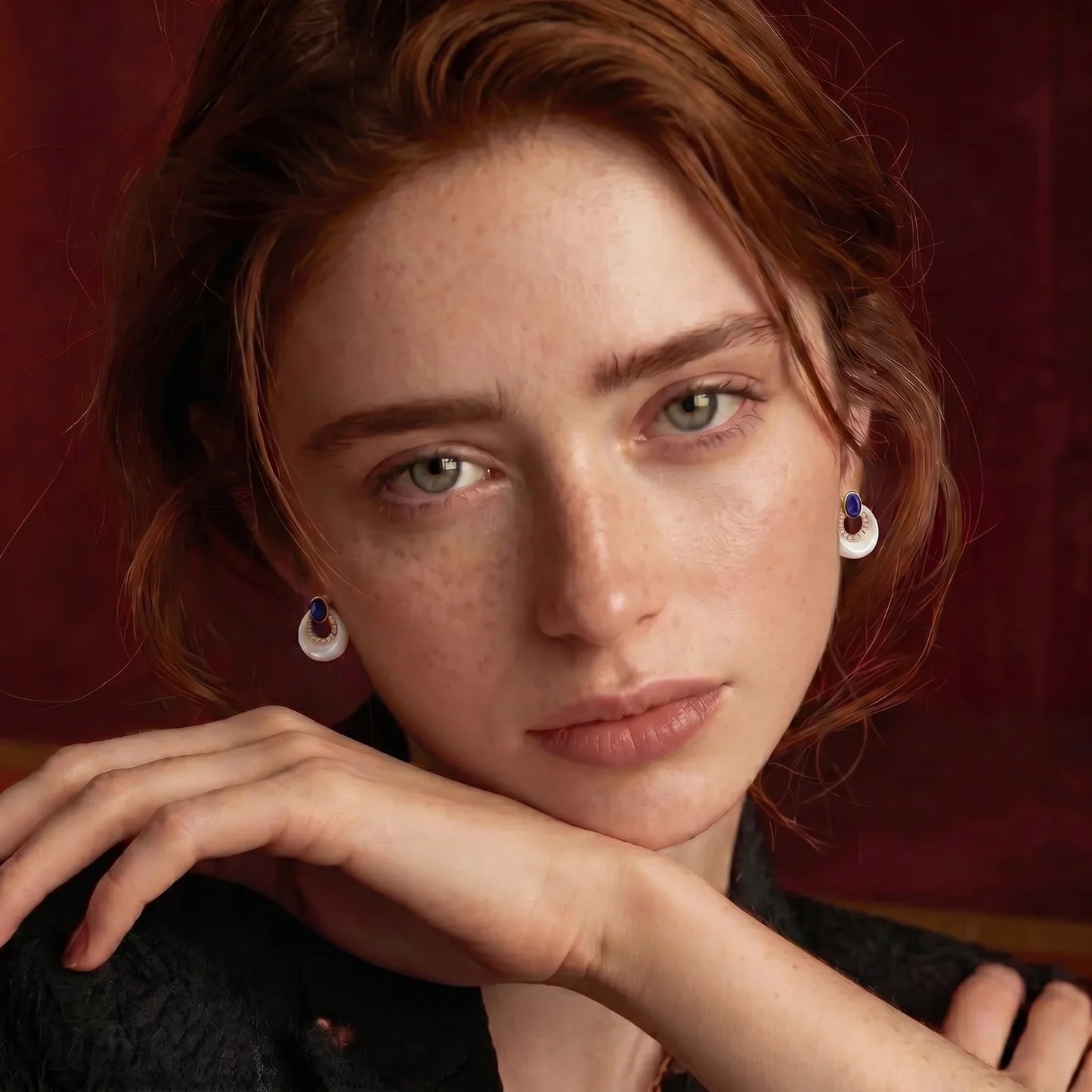 Elegant woman wearing blue gemstone earrings, styled for home décor and gifting