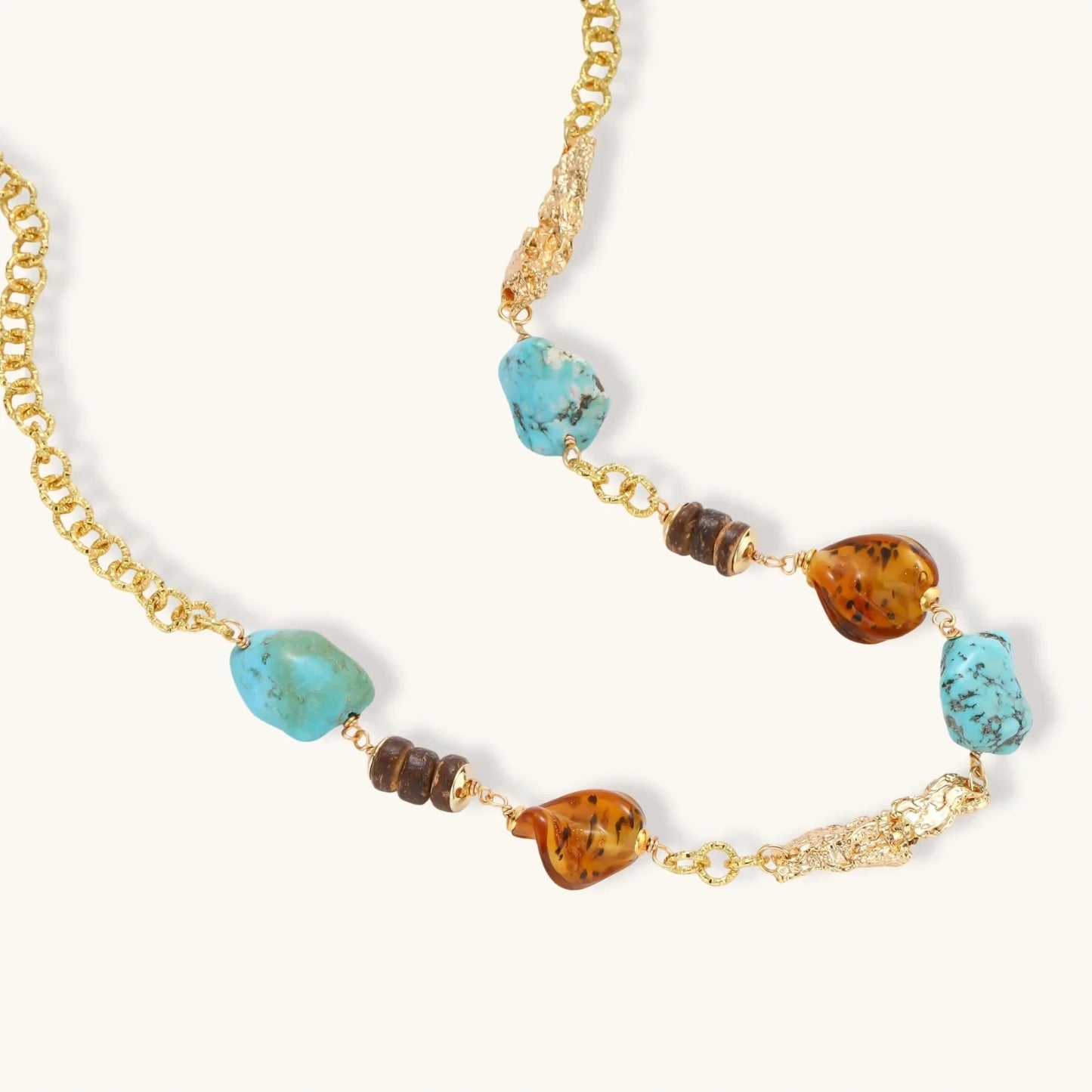 Gold chain necklace with turquoise and amber gemstone beads, artisan boho style