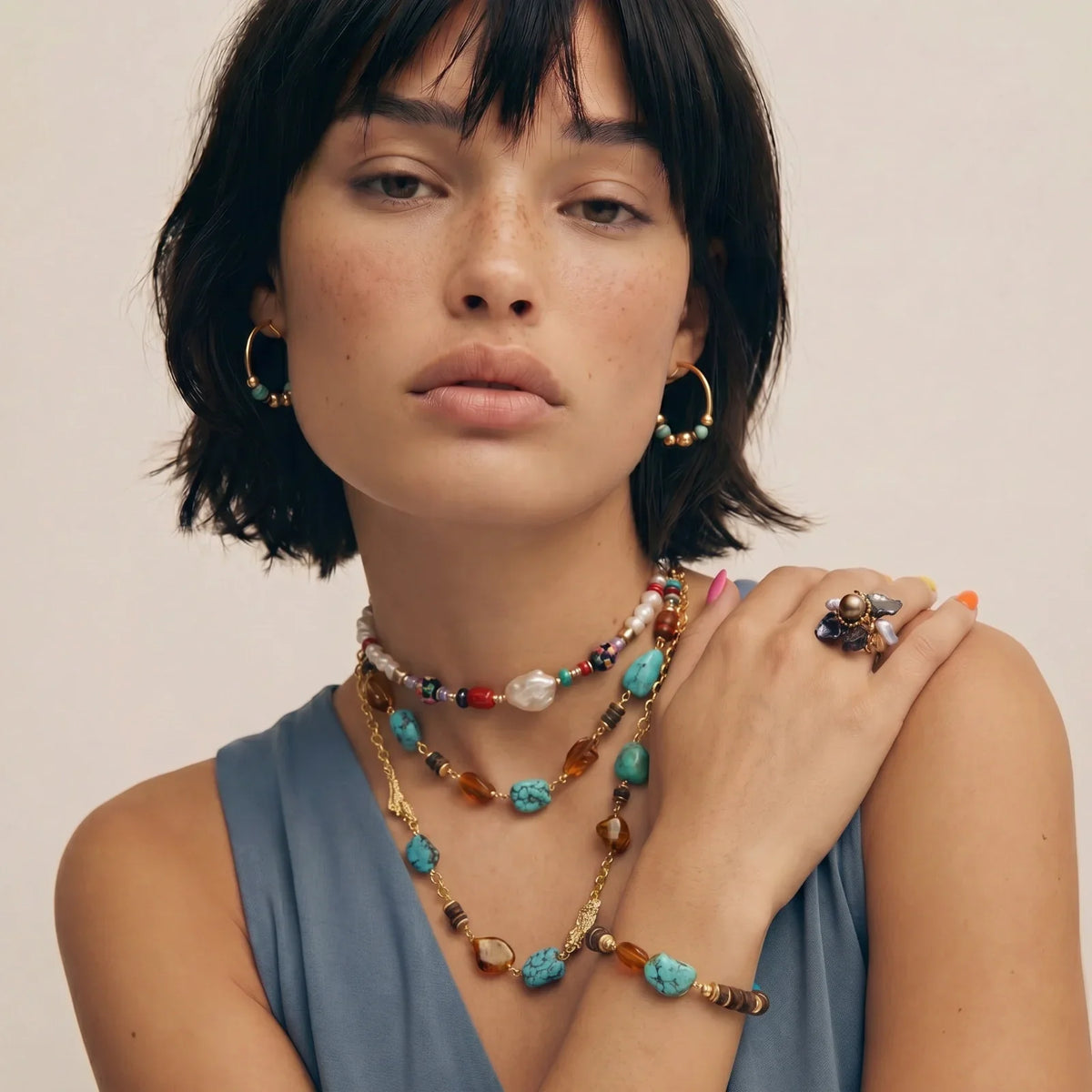 Boho layered necklace set with turquoise, amber & pearl beads, gold hoops, statement ring for stylish home décor gifting