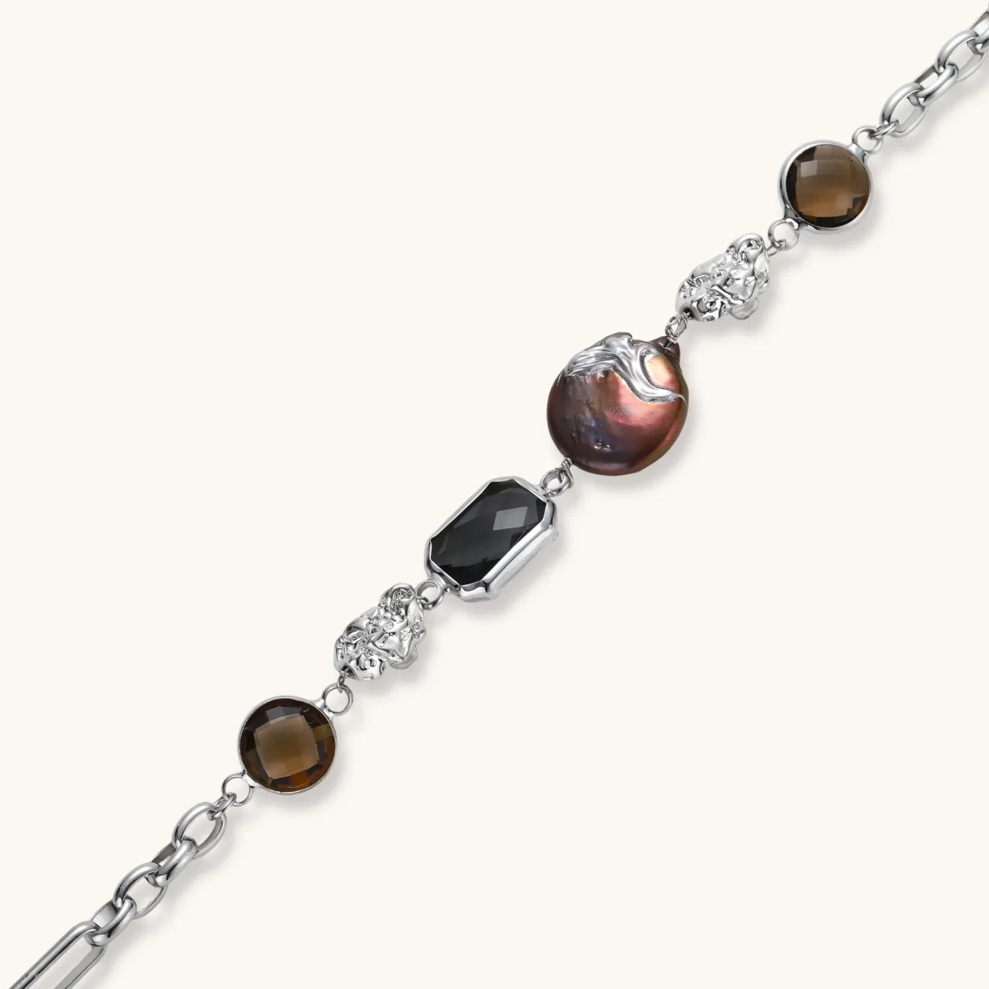 Elegant silver chain bracelet with brown gemstones, black faceted bead, and iridescent pearl accent