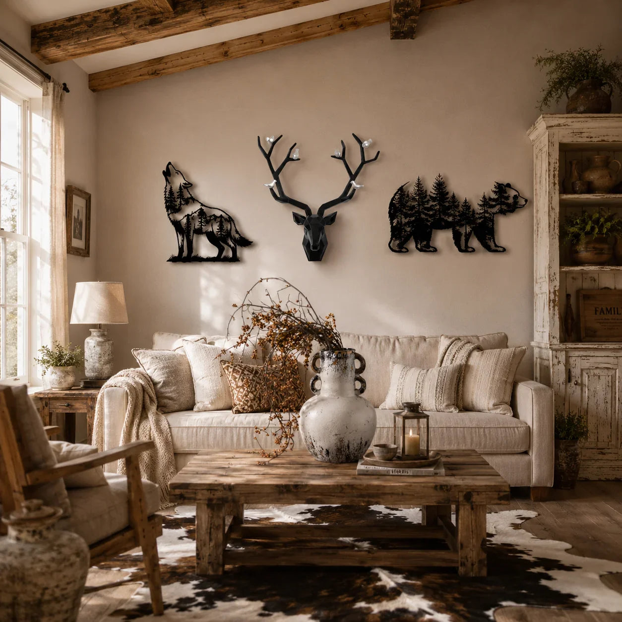 Rustic living room with forest-themed wall art, wooden beams, and cozy dƩcor for Australian homes.