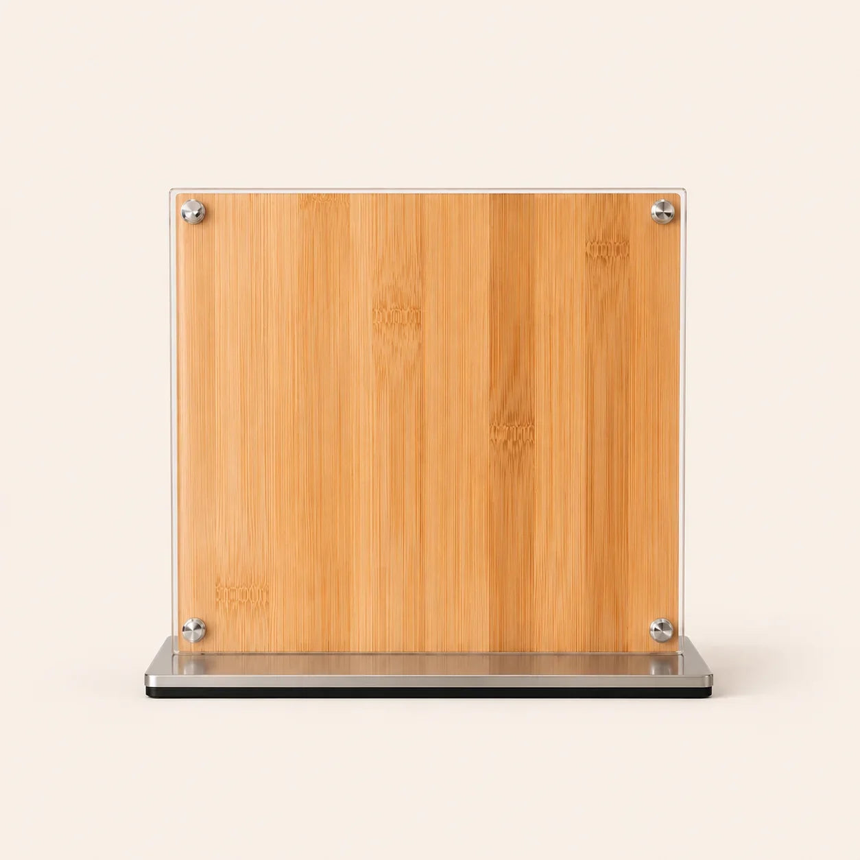 Bamboo cutting board with acrylic frame and metal base, modern kitchen countertop accessory