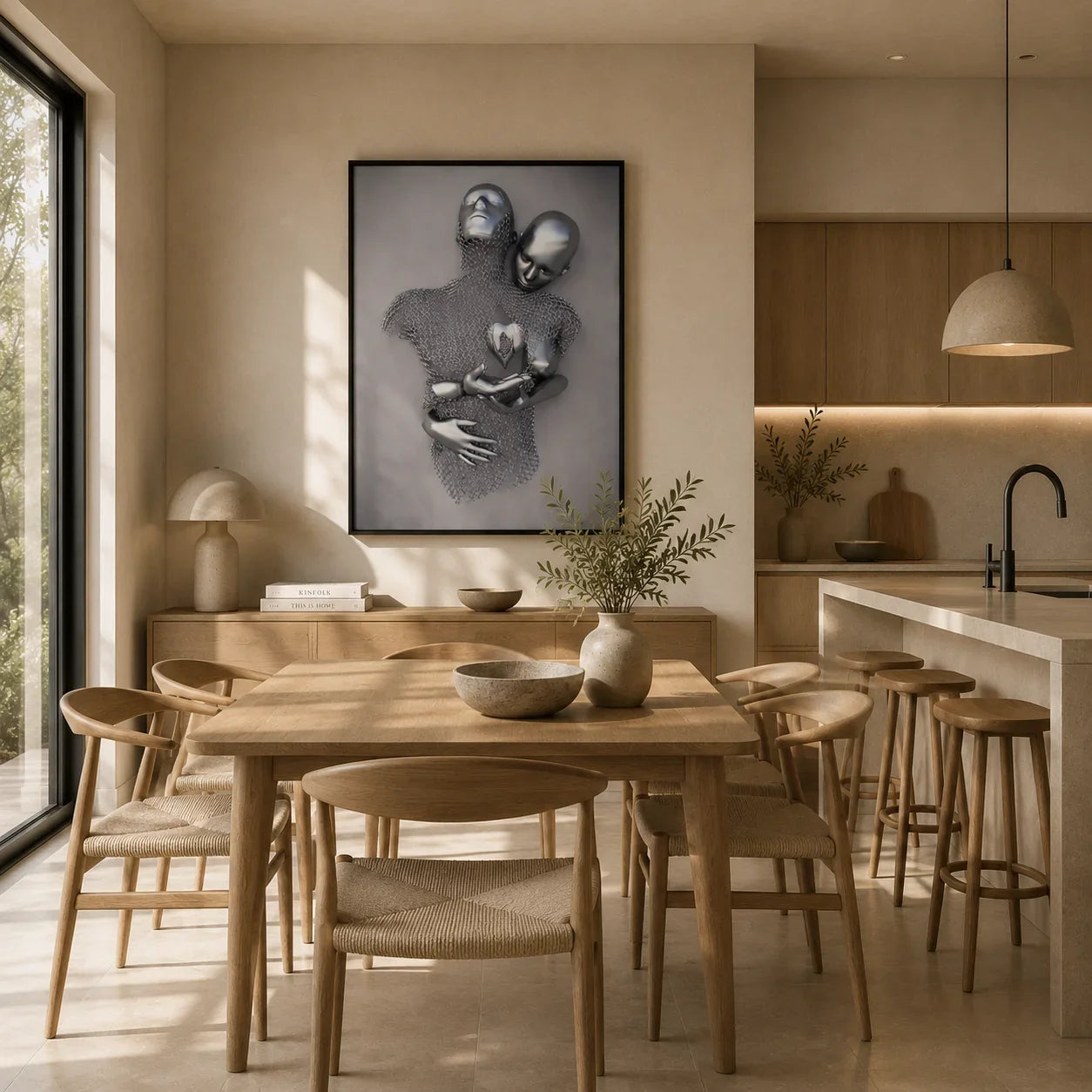 Modern dining room with wooden table, woven chairs, and abstract wall art for stylish home décor