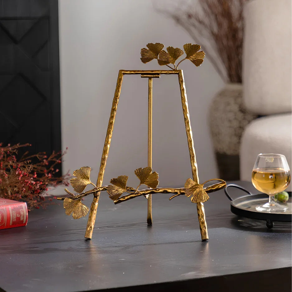 Gold ginkgo leaf easel decor for modern home styling, artisan wall art accent piece
