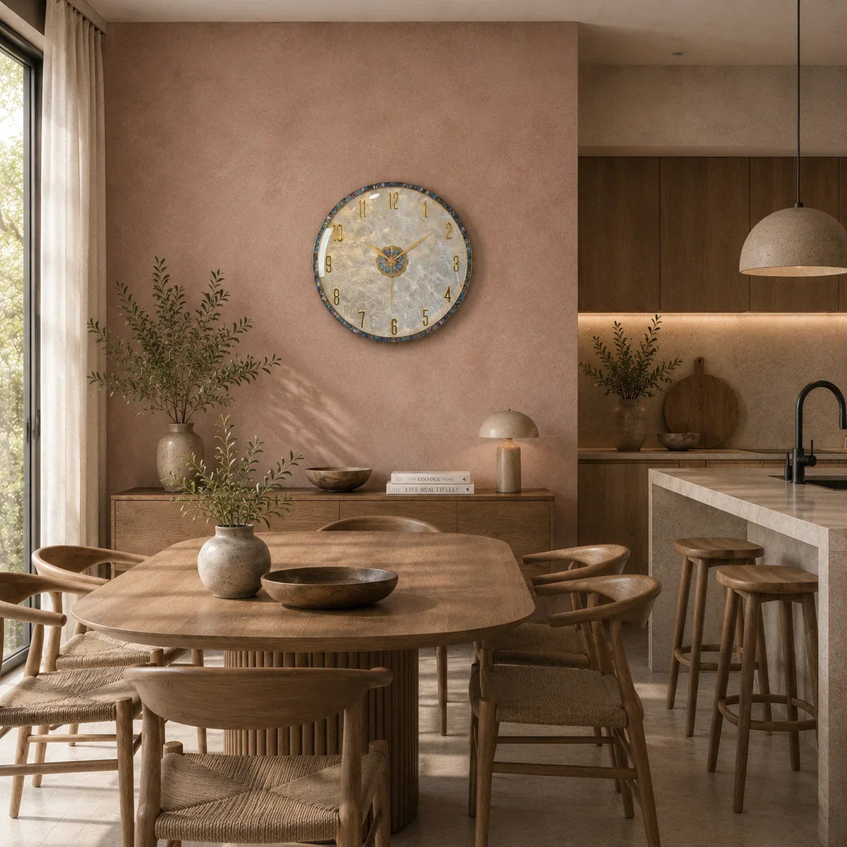 Elegant wall clock with marble face and gold numerals in modern dining room with wooden table and woven chairs