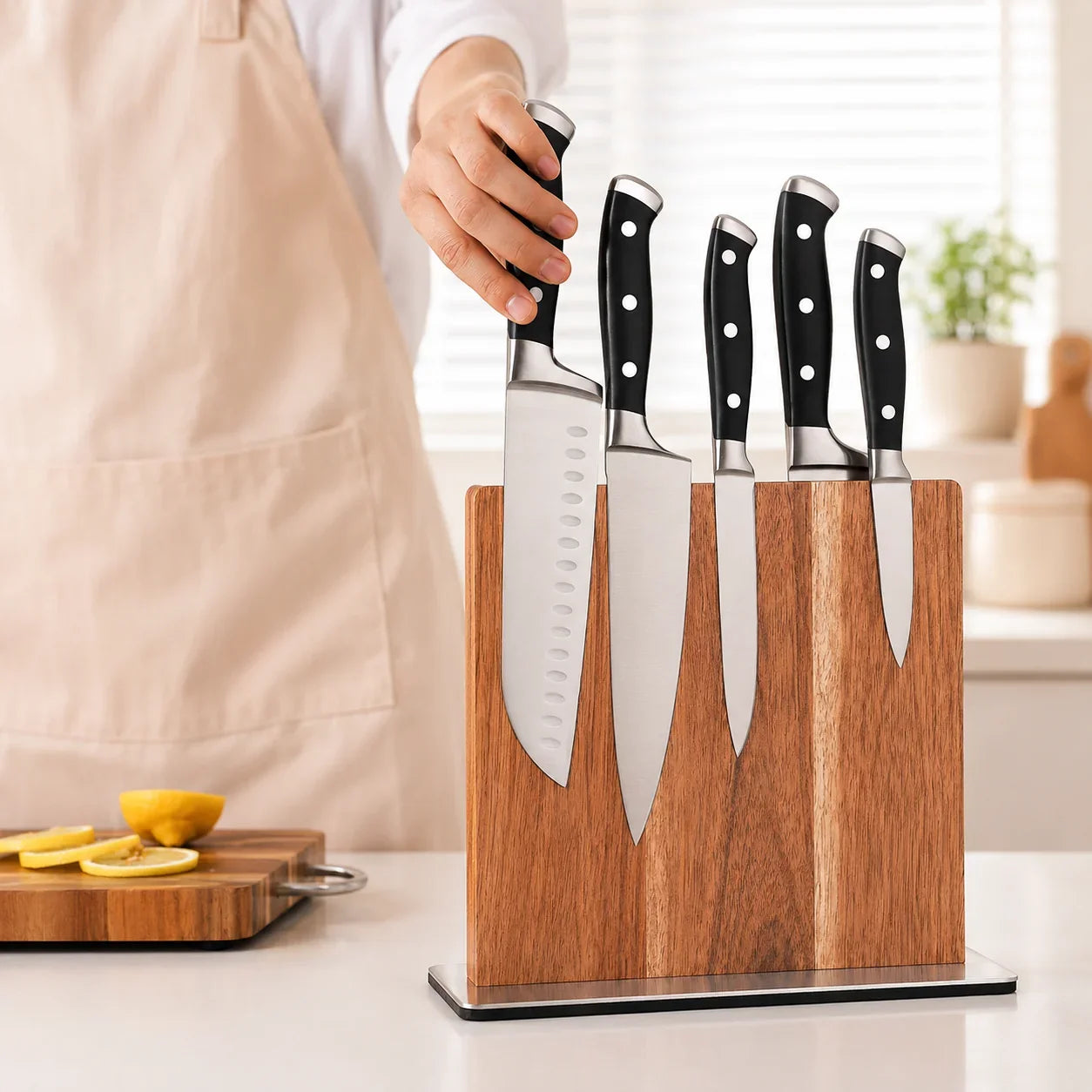 Premium knife set with wooden block, stainless steel blades, black handles, ideal for kitchen cooking and prep