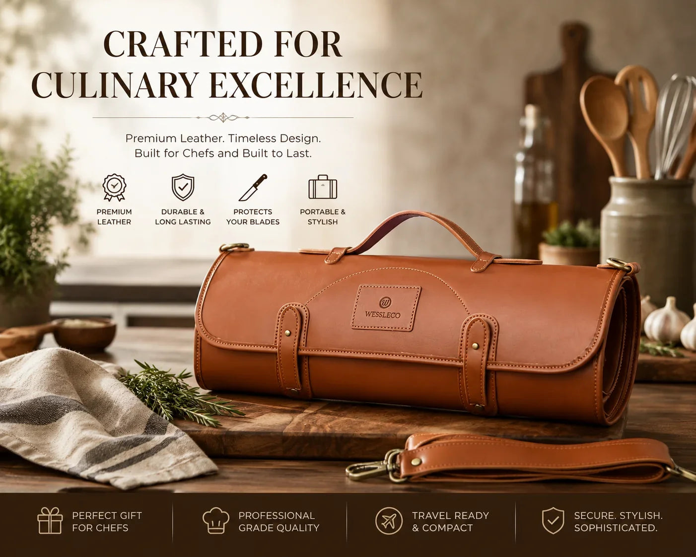 Premium leather knife roll for chefs, portable & stylish, protects blades, perfect gift for culinary excellence