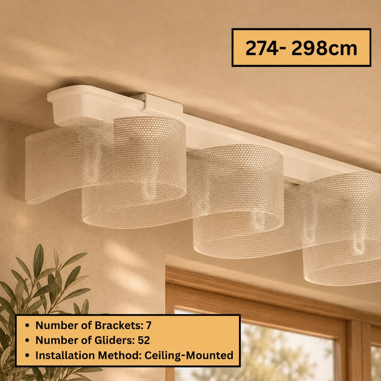 Ceiling-mounted sheer curtain track with 52 gliders, fits 274-298cm windows, modern home décor