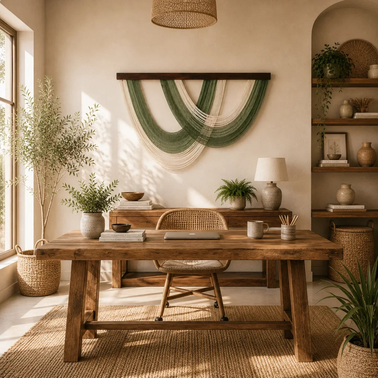 Rustic wooden desk with rattan chair, macrame wall art, and potted plants in a cozy home office
