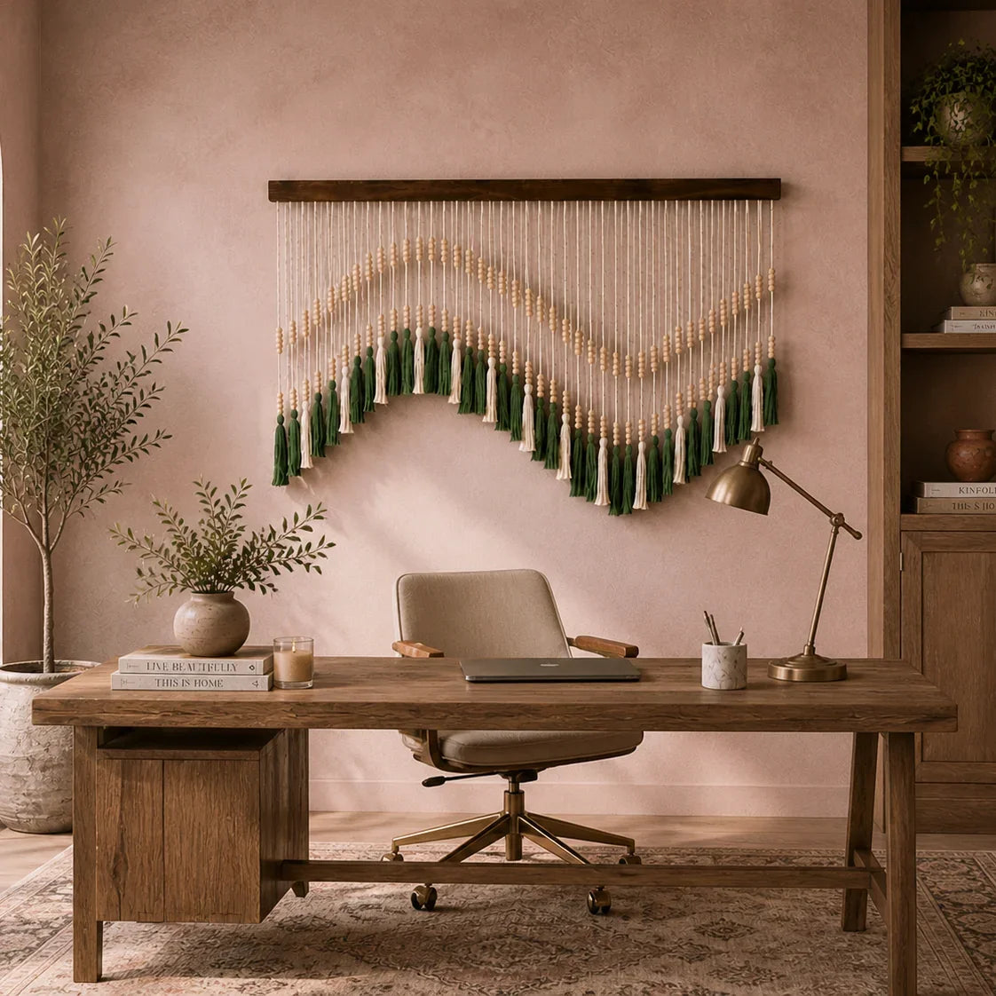 Wooden desk with macrame wall art, green tassels, and cozy home office decor for stylish Australian interiors