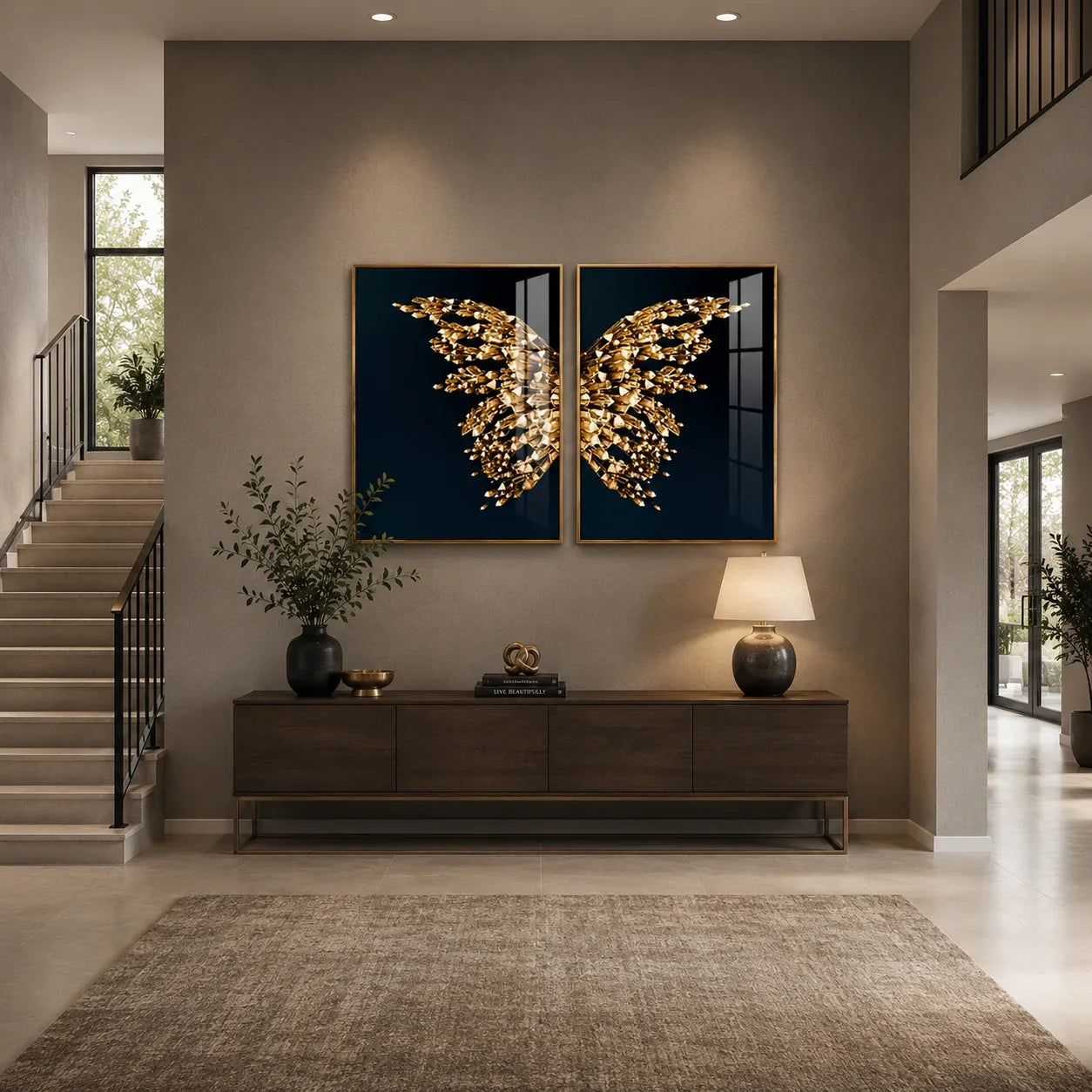 Golden Crystal Butterfly Duo Framed Wall Art - Fansee Australia