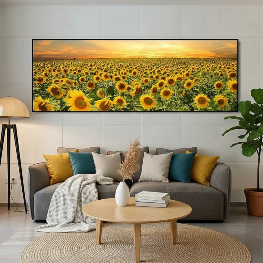 Sunflower field wall art above gray sofa in modern living room with rug, pillows, and plant