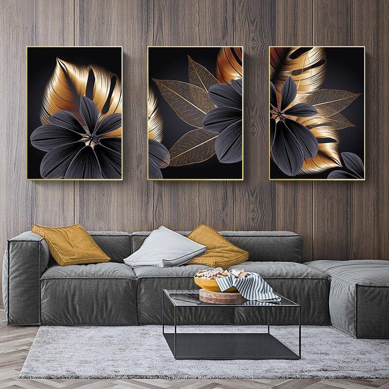 Large Plant Leaf Canvas Prints in Black and Gold - 3 Pcs Set (60x80cm) - Fansee Australia