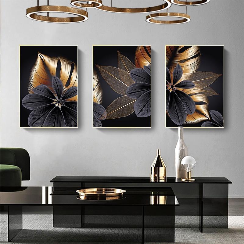 Large Plant Leaf Canvas Prints in Black and Gold - 3 Pcs Set (60x80cm) - Fansee Australia