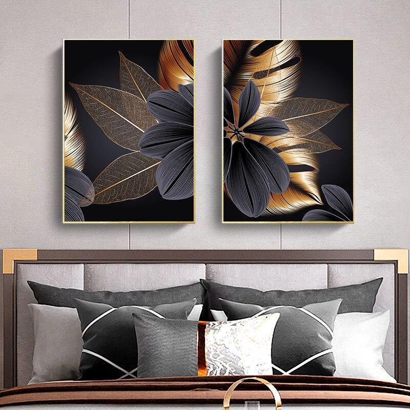 Large Plant Leaf Canvas Prints in Black and Gold - 3 Pcs Set (60x80cm) - Fansee Australia