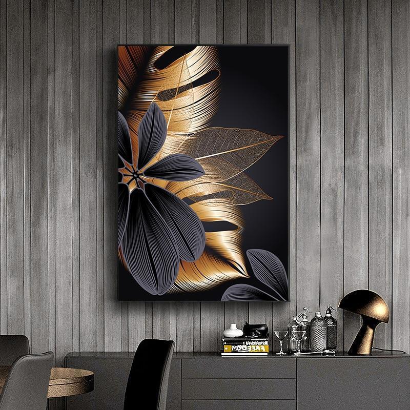 Large Plant Leaf Canvas Prints in Black and Gold - 3 Pcs Set (60x80cm) - Fansee Australia