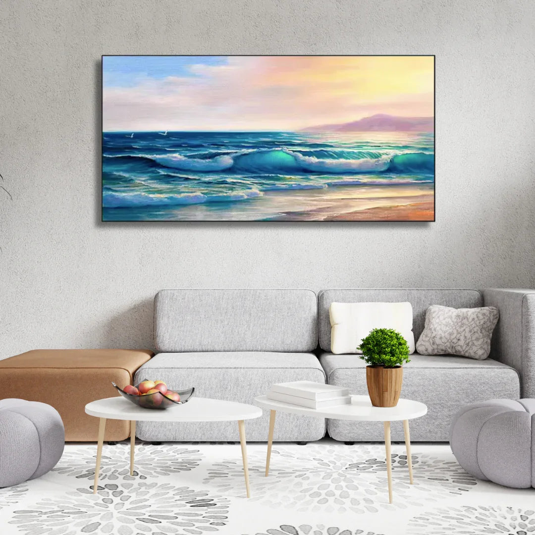 Modern living room with grey sofa, round coffee tables, and seascape wall art, Fansee home decor