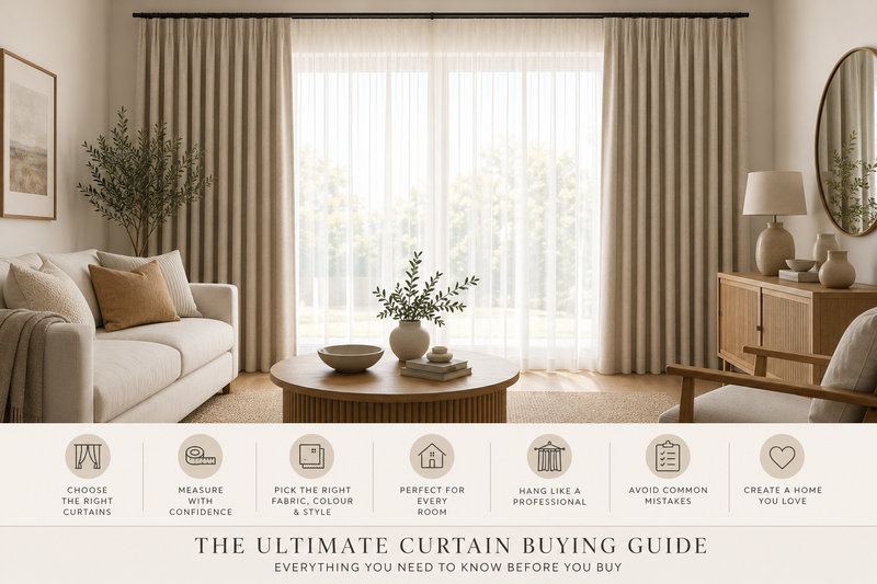 Beige custom curtains in modern living room with sofa, coffee table, and buying guide icons