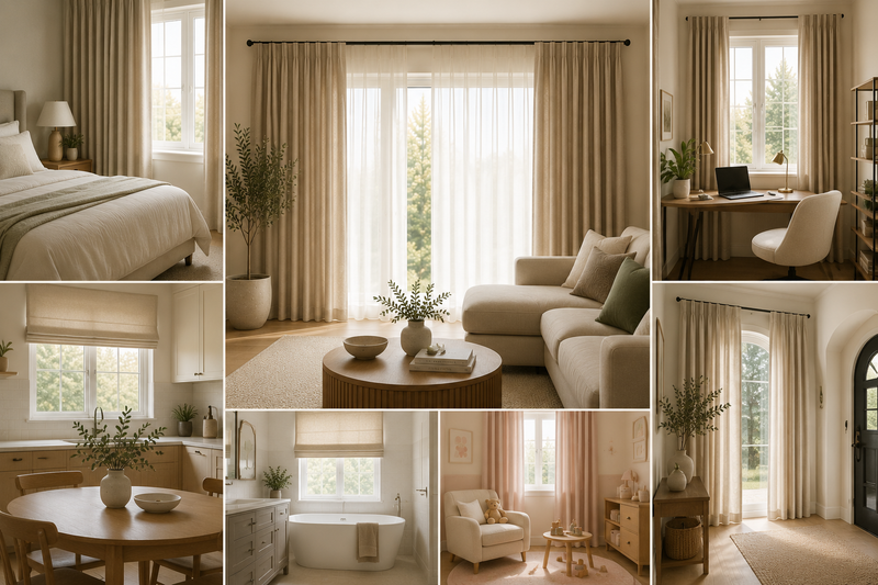 Neutral-toned custom curtains for living room, bedroom, kitchen & bathroom – soft linen drapes, sheer panels, roman blinds