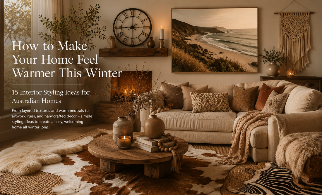 Cozy living room with warm neutrals, layered rugs, artisan wall art, and handcrafted decor for Australian homes