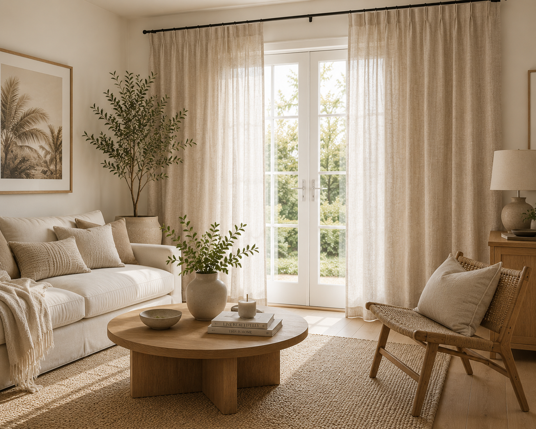 Beige linen curtains, wicker chair, and wooden coffee table in a cozy, sunlit living room with neutral home décor.