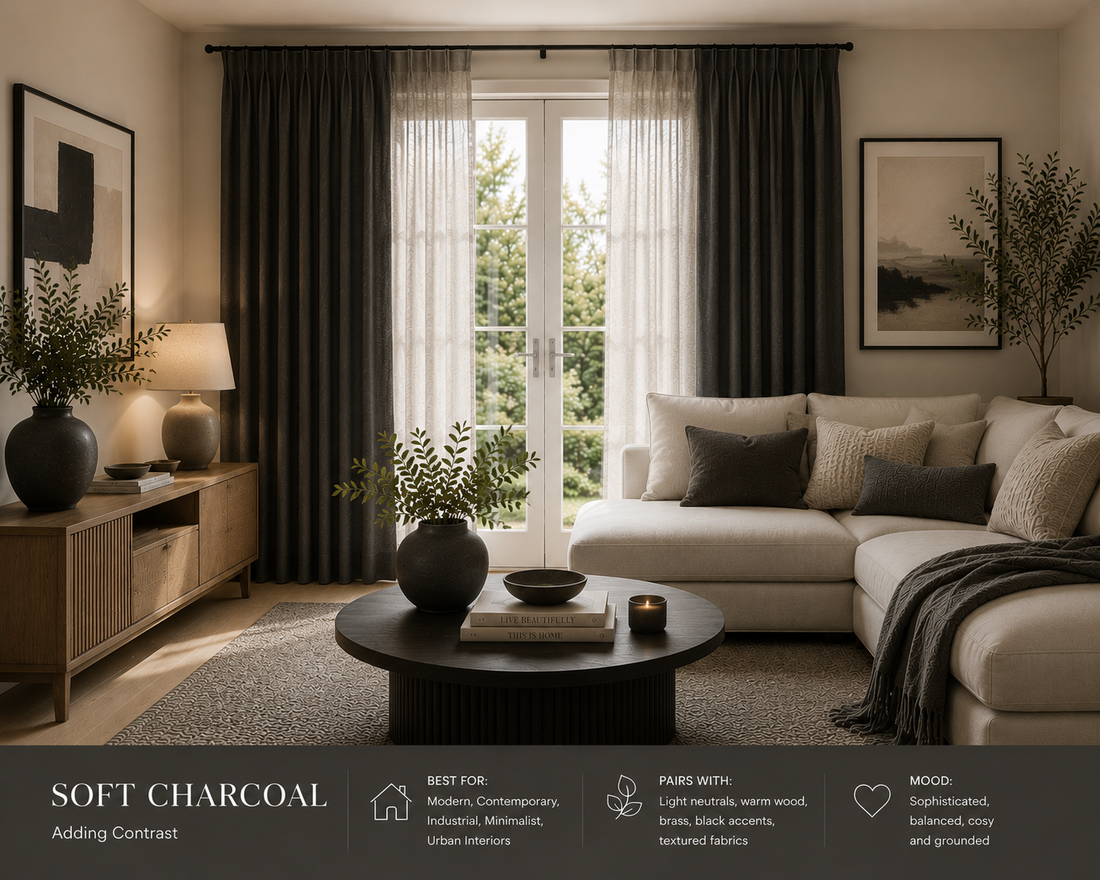 Soft charcoal curtains with sheer panels in modern living room, paired with neutral sofa, wood sideboard, and textured rug for cozy ambiance