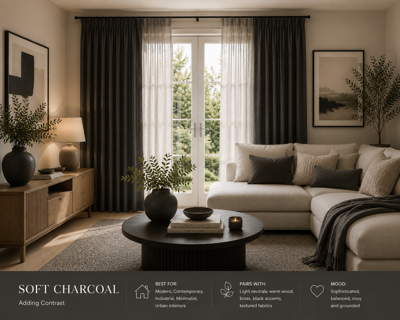 Soft charcoal curtains with sheer panels in modern living room, paired with neutral sofa, wood sideboard, and textured rug for cozy ambiance