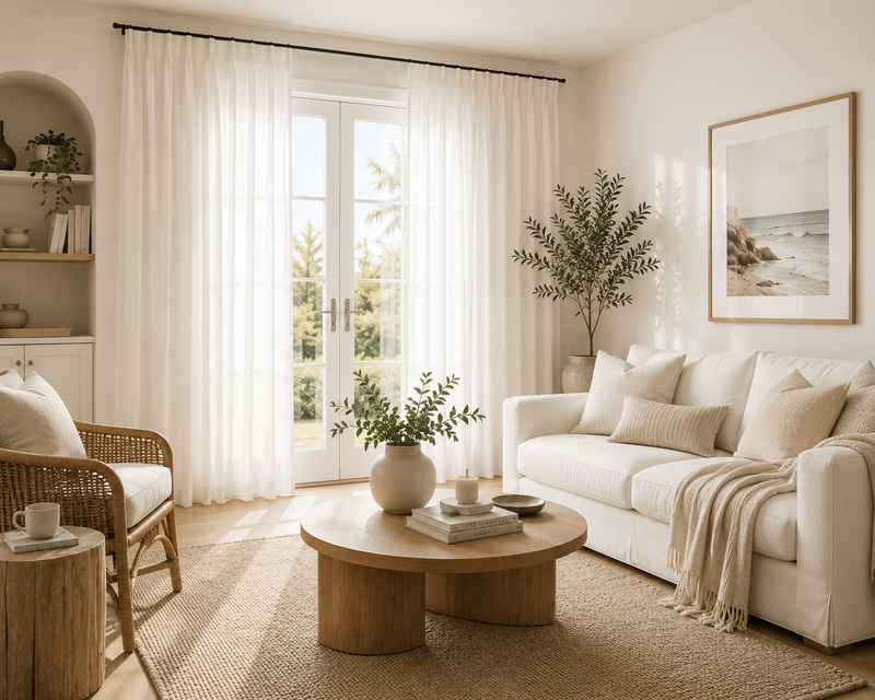 Cozy living room with white sofa, rattan chair, wooden coffee table, sheer curtains, and coastal wall art