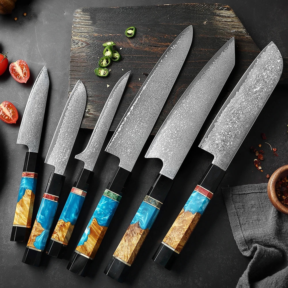 Premium artisan knife set with Damascus steel blades and colorful resin handles on a kitchen counter, Fansee Australia