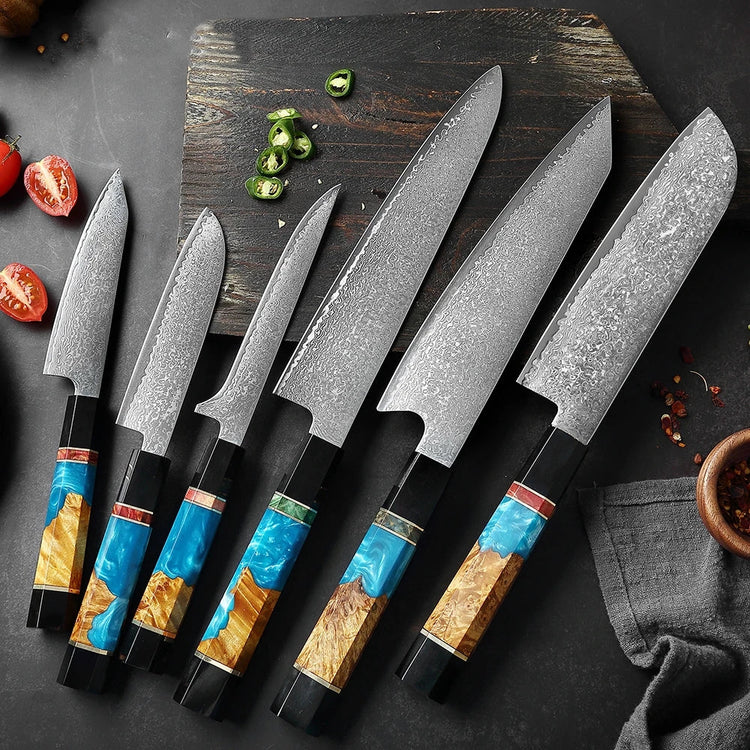 Premium artisan knife set with Damascus steel blades and colorful resin handles on a kitchen counter, Fansee Australia