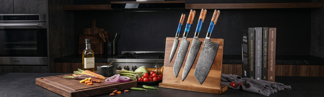 Premium damascus kitchen knives with blue wood handles in wooden block, beside cutting board with fresh veggies and olive oil