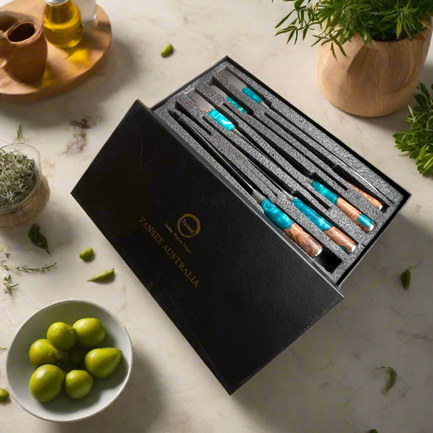 Fansee Australia premium knife set with blue handles in gift box on kitchen counter