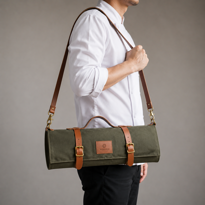 11-Pocket Canvas Knife Bag – Green Roll-Up Chef’s Organizer