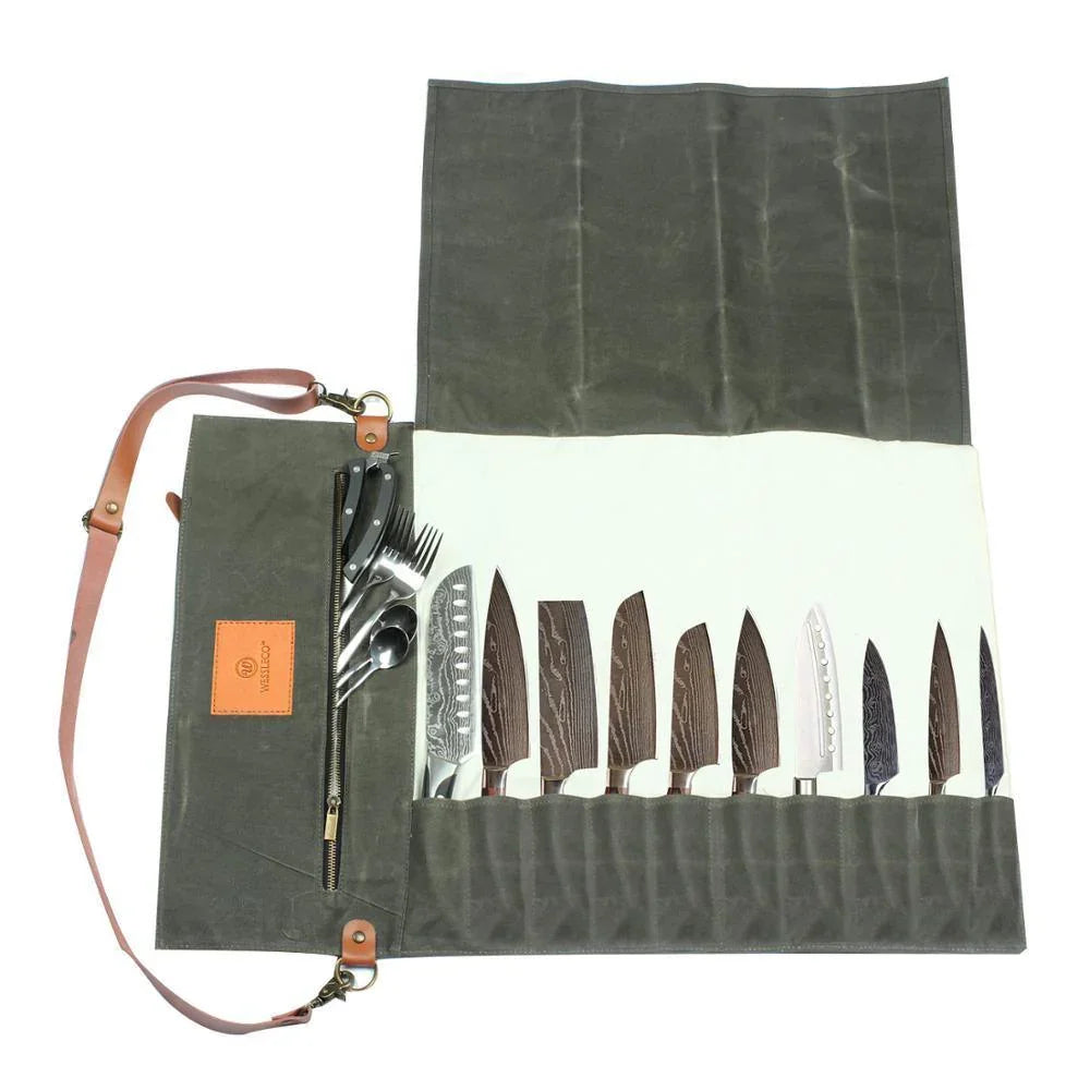 11-Pocket Canvas Knife Bag – Green Roll-Up Chef’s Organizer - Fansee Australia