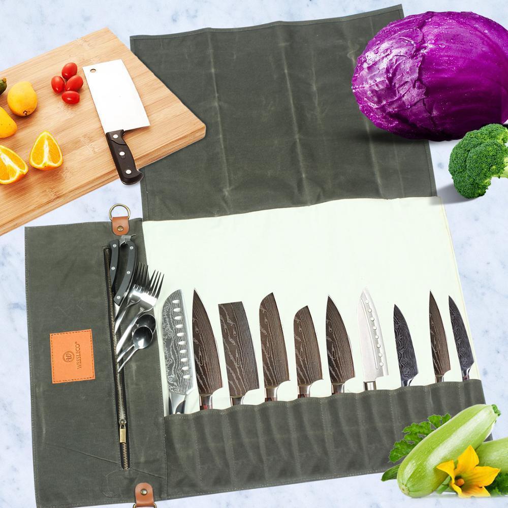 11-Pocket Canvas Knife Bag – Green Roll-Up Chef’s Organizer - Fansee Australia
